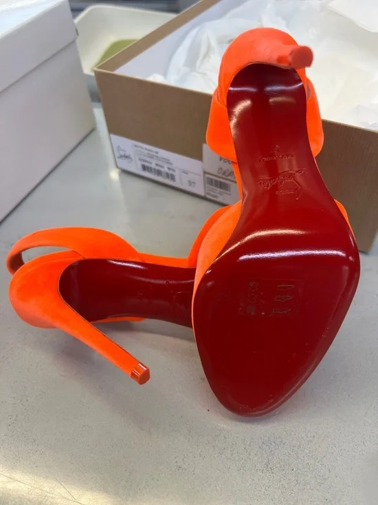 Christian Louboutin Bright Orange Suede Slingback Pumps - Picture 4 of 5